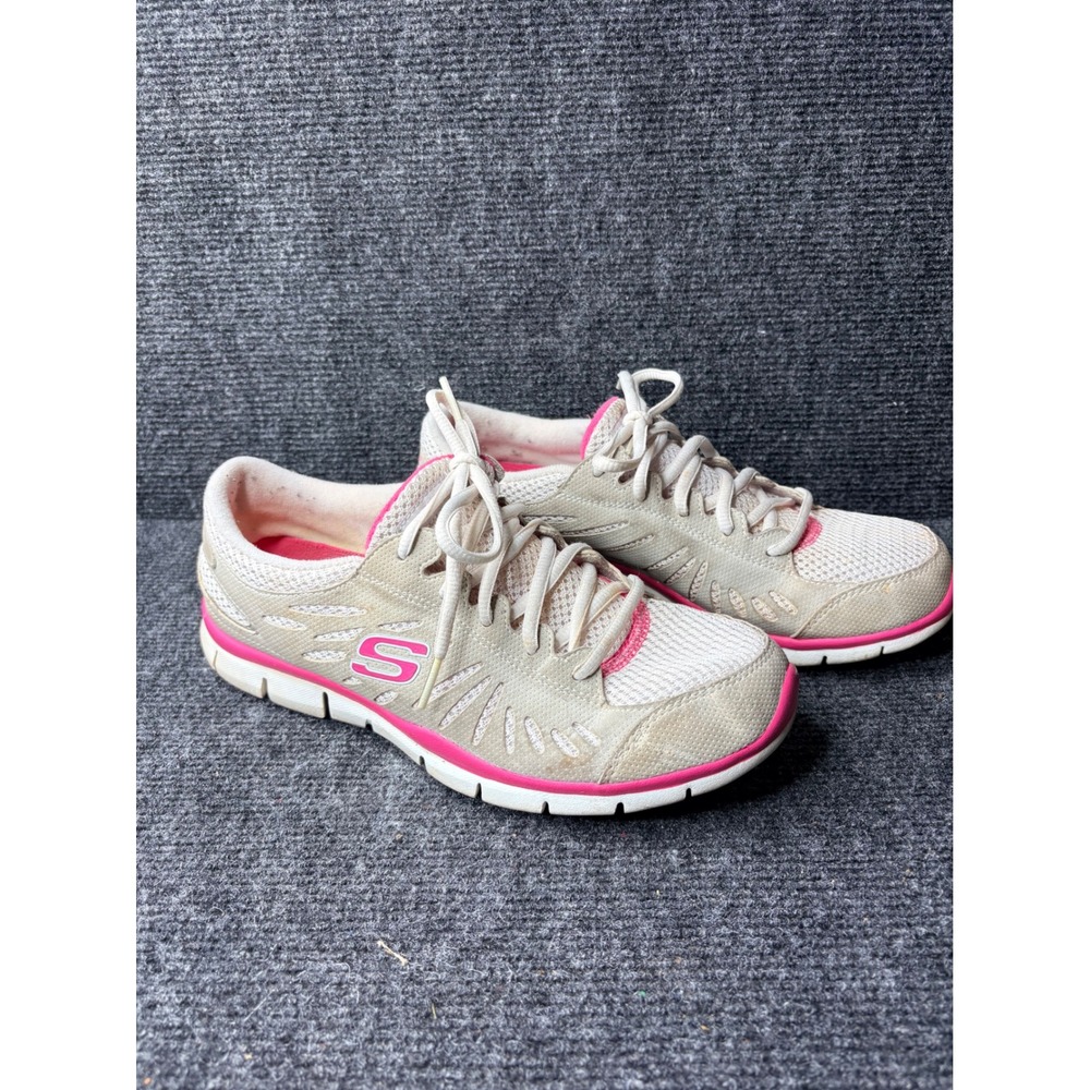 Skechers Flex Women 8.5 Light Grey Hot Pink Athletic Sneakers 22118 LGPK
